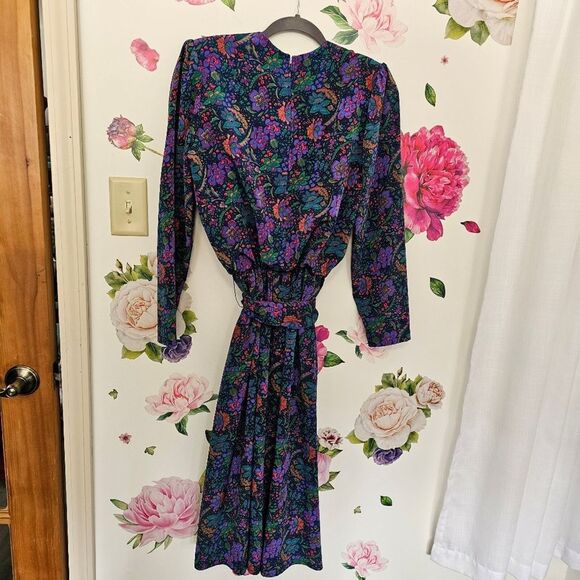 Vintage Retro Floral Purple Long Sleeve Midi Dress Shoulder Pads Sash Belt Sz 12 - Picture 4 of 8